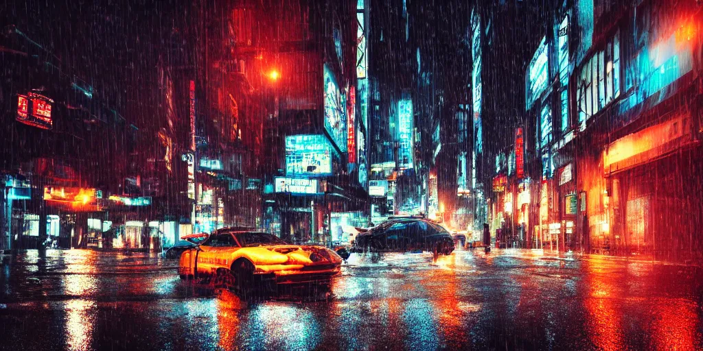 Prompt: a city street at night, raining, photograph, cars on the road, cyberpunk, sharp focus, intricate detail, award winning photograph