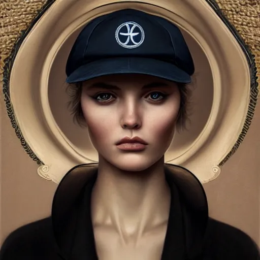 Image similar to tom bagshaw portrait, beautiful portrait of a woman with angel eyes in a suit, hair under a baseball cap, professionally retouched, focus eyes, ultra realistic soft painting, insanely detailed linework, symmetrical accurate intricate features, behance, 8 k