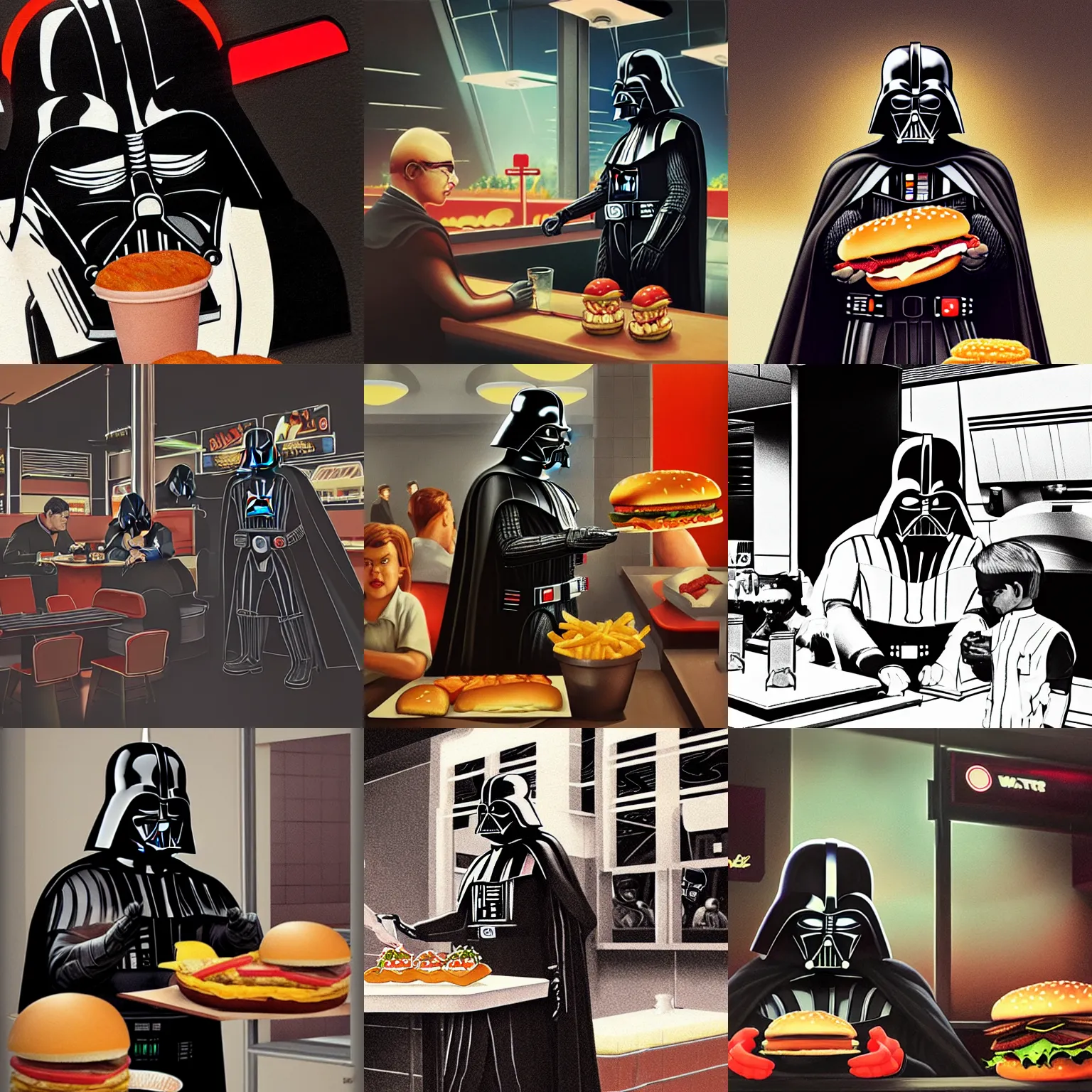 Prompt: retro vintage photo of darth vader serving burgers at mac donalds. highly detailed, digital painting, artstation, concept art, matte, sharp focus, illustration