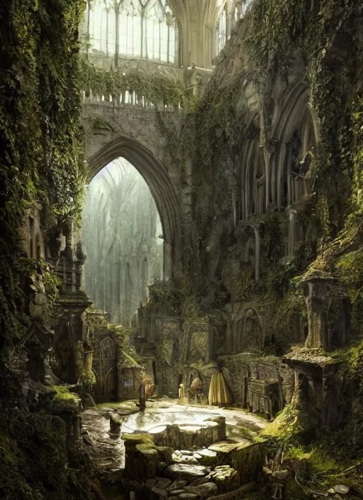 Image similar to medieval adventurers in lord of the rings scenery landscape, inside an enormous overgrown cathedral, stream, treasure, reflections, portal to another dimension, highly detailed, cinematic lighting, perfect composition, 4 k, gustave dore, derek zabrocki, greg rutkowski, belsinski, octane render