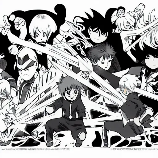 Prompt: young anime hero, illustrated by mato and ken sugimori, manga, black and white illustration