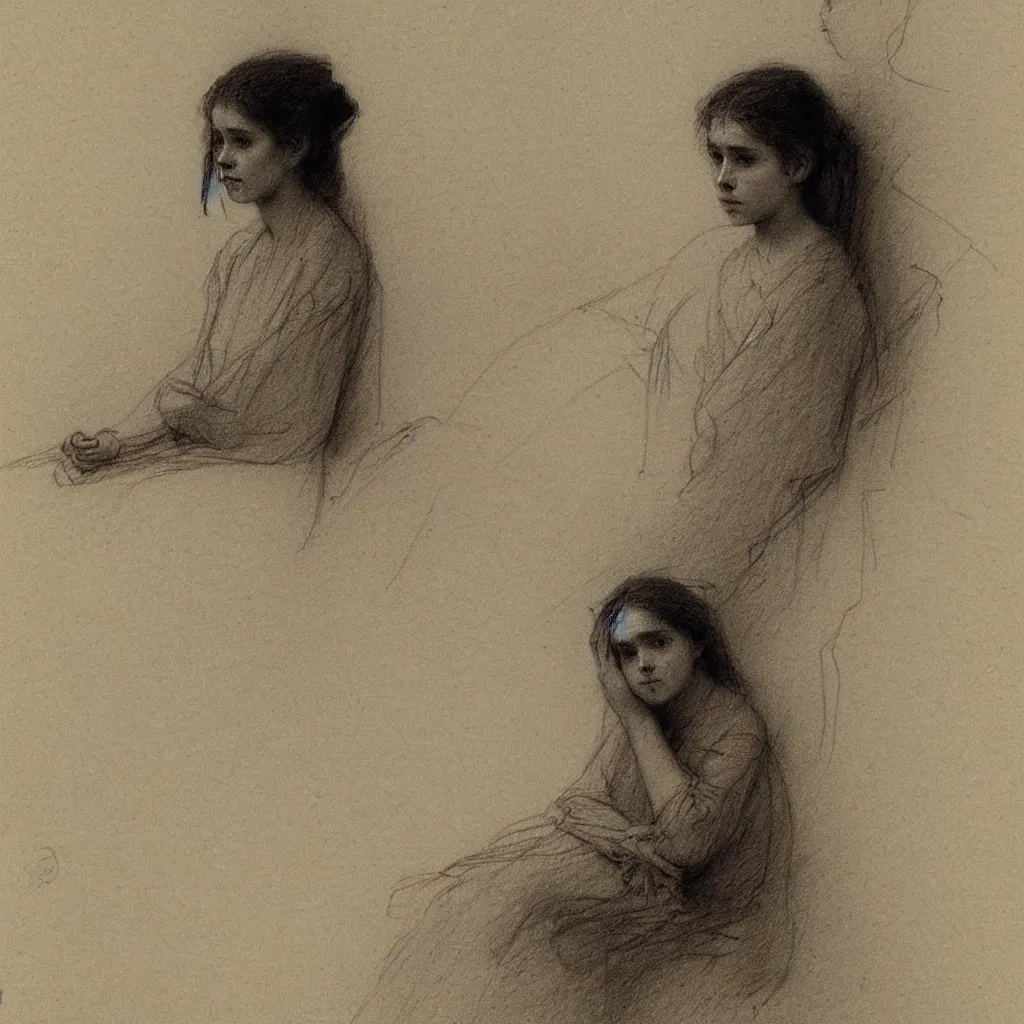 Image similar to a lonely girl by ilya repin. pencil sketch.