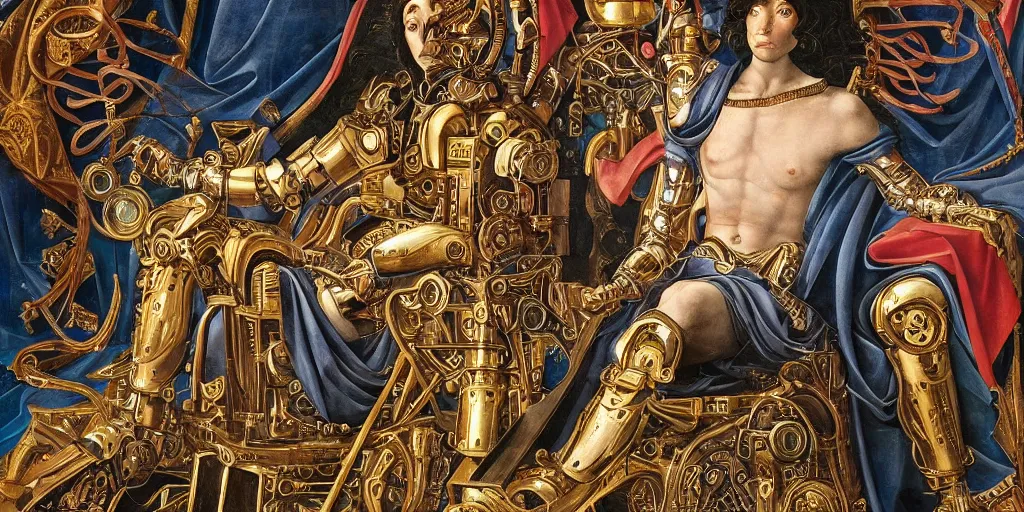 Prompt: beautifully painted mural of a mechanical cyborg king in ornate royal metallic fabric sitting in his royal throne room, piercing glowing eyes, sci fi scenery, fantasy setting, vogue cover poses, mural in the style of sandro botticelli, caravaggio, albrecth durer