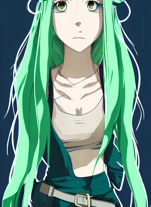 Prompt: anime girl with green hair wearing a crop top, detailed character portrait, anime style, by makoto shinkai, by wenjun lin, by studio ghibli, gorgeous face