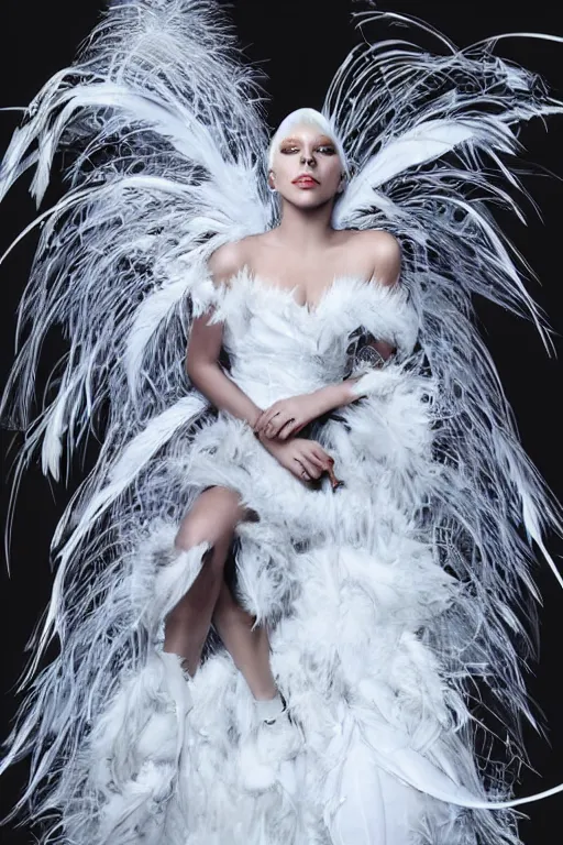 Prompt: lady gaga in a white dress with a plastic bag over her shoulder, a hologram by Alexander McQueen, featured on polycount, gothic art, made of feathers, ethereal, angelic photograph