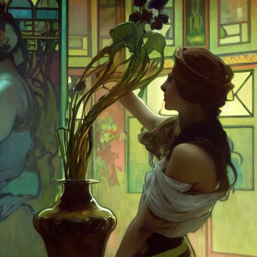 Image similar to girl filling a vase with a magical liquid, the girl is observed by the moiras in a trial. by jeremy mann and alphonse mucha, photo realistic, dynamic lighting, artstation, poster, volumetric lighting, highly detailed faces, 4 k, award winning