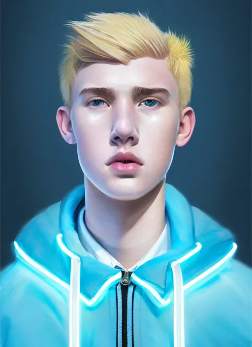 Image similar to portrait of high school senior boy named big moose, blonde short hair, jock, beefy, wide face, square jaw, square facial structure, blue varsity jacket with letter r, intricate, elegant, glowing lights, highly detailed, digital painting, artstation, concept art, sharp focus, illustration, art by wlop, mars ravelo and greg rutkowski