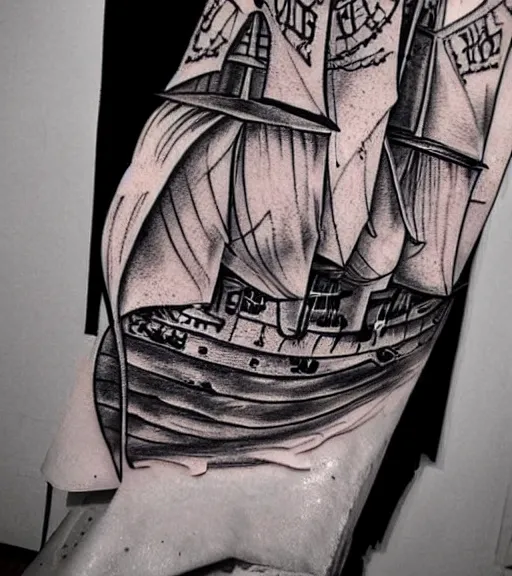 Prompt: A realistic tattoo design sketch of a pirate ship, paper background, black and white, highly detailed tattoo, shaded tattoo, hyper-realistic tattoo