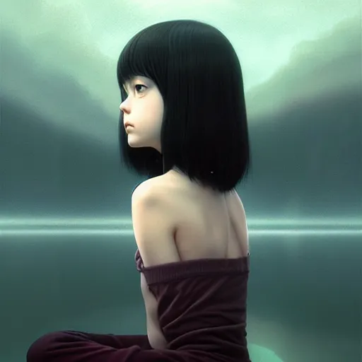 Image similar to very tiny girl by junji ito, green eyes and long black hair by ilya kuvshinov, sitting in a crystal clear lake painted by tom bagshaw, rtx reflections, octane render 1 2 8 k, extreme high intricate details by wlop, digital anime art by ross tran, wide shot, composition by tom bagshaw, lighting by wlop