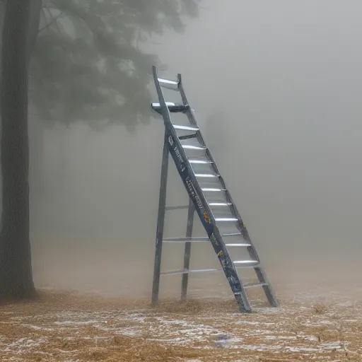 Image similar to a hand holding a step ladder emerges from the mist