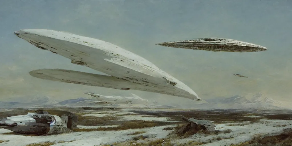 Prompt: Fernand Khnopff advanced white giant spaceship starship battlestar airship landed laying in center on tansy wormwood field, snowy mountain afar by Fernand Khnopff by john berkey, oil painting, concept art
