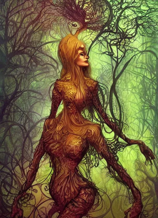 Image similar to junoesque curvaceous fey queen, vine dress, glowing forest, strong line, eerie color, beautiful! coherent! by brian froud, by mariusz lewandowski