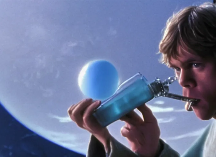 Image similar to screenshot of Luke Skywalker drinking blue milk, on a marble designed planet, famous scene from the 1980s film directed by Stanley Kubrick cinematic lighting, moody cinematography, with anamorphic lenses, crisp, detailed portrait, 4k image