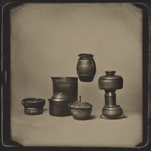 Image similar to Tintype photograph of primitive objects displayed in an ethnographic museum, archive material, anthropology, 1920s studio lighting.