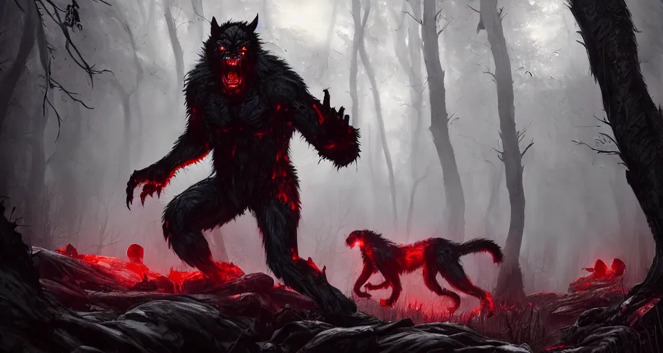 Prompt: demonic hulking werewolves, red glowing eyes, hunting in the forest. in style of greg rutkowski and hyung - tae kim, trending on artstation, dark fantasy, great composition, concept art, highly detailed, dynamic pose, vibrant colours, epic, 8 k.