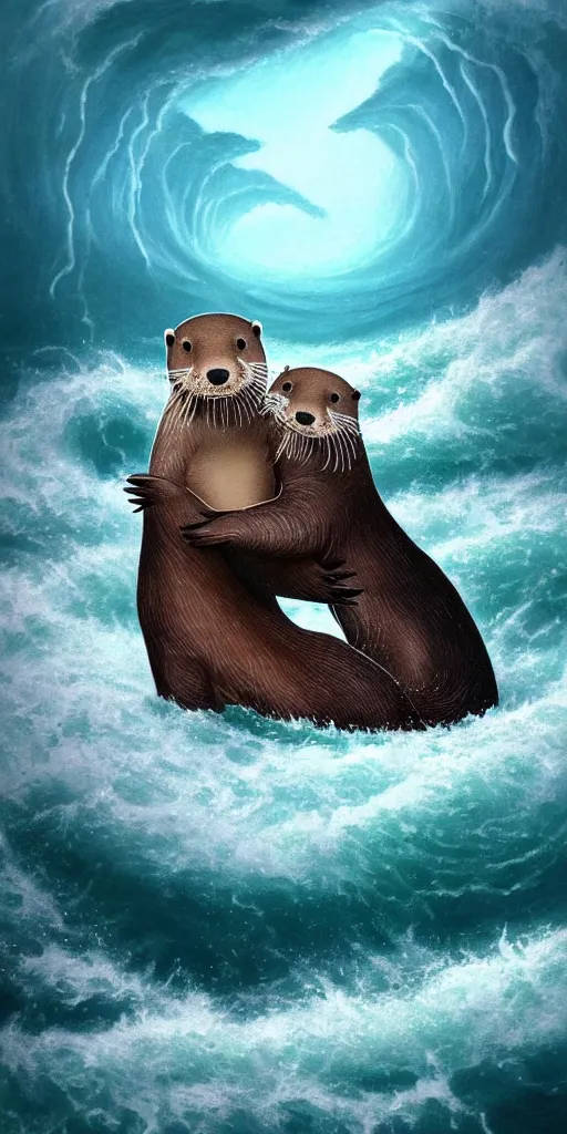 Image similar to An adorable Otter saving his wife from the whirlpool, in love holding hands side by side, in the middle of a super scary storm at sea, thunder, lightning, waves, fantasy illustration, cinematic, award winning, romantic, detailed trending on artstation, masterpiece