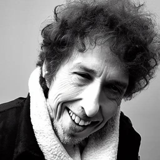 Prompt: bob dylan eating worms, grinning like a child, photograph