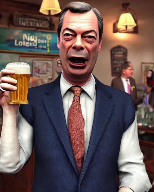 Image similar to Bitter Nigel Farage with a pint on his hand. Unreal engine, fantasy art by Betty Jiang. Faithfully depicted facial expression, perfect anatomy global illumination, radiant light, detailed and intricate environment