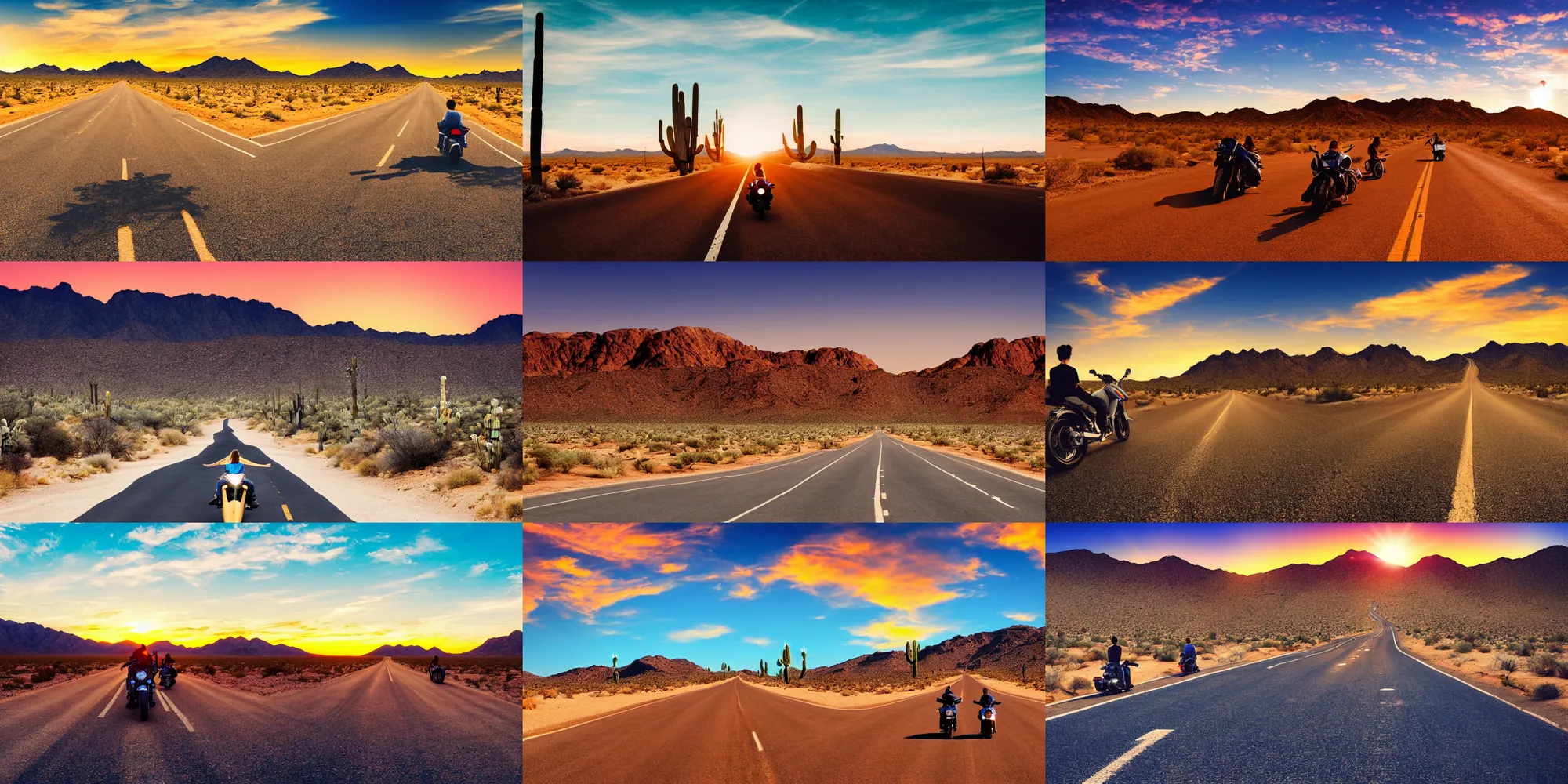 Prompt: road california desert, sunset, blue sky, cactus, high detailed, one motorbike in center of frame, drive out, couple of boy and girl riding, beautiful concept photo, wallpaper