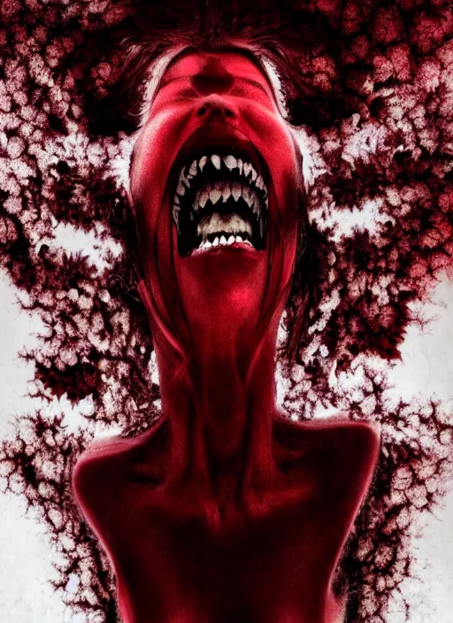 Image similar to dramatic dark red matte portrait painting of screaming insane woman with black mandelbrot fractal instead of face, horror, body horror, dark art, 4 k, detailed, realistic, psychotic, insane, crazy, mental illness, dramatic,