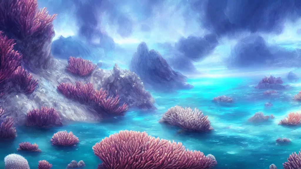 Prompt: landscape, corals, nacre, sea, white, iridescent. fantasy, digital painting, hd, ultra - detailed.