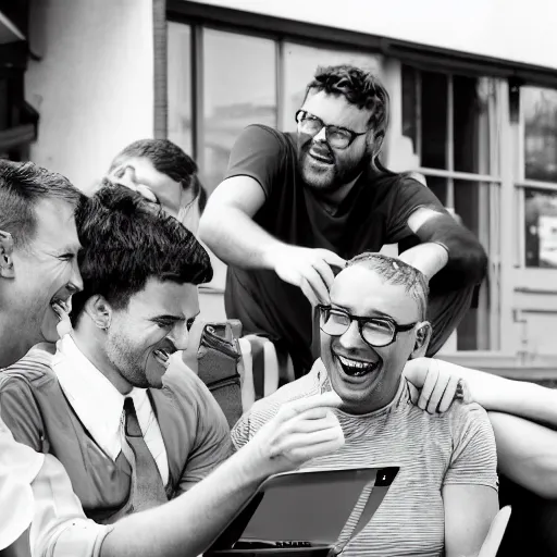 Image similar to several guys looking at a laptop screen laughing, colour photograph, 35mm