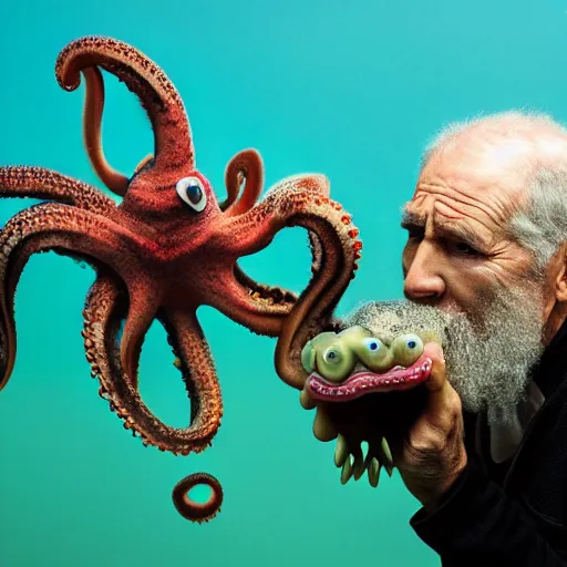 Image similar to National Geographic photo of angry old man with octopus living in his mouth