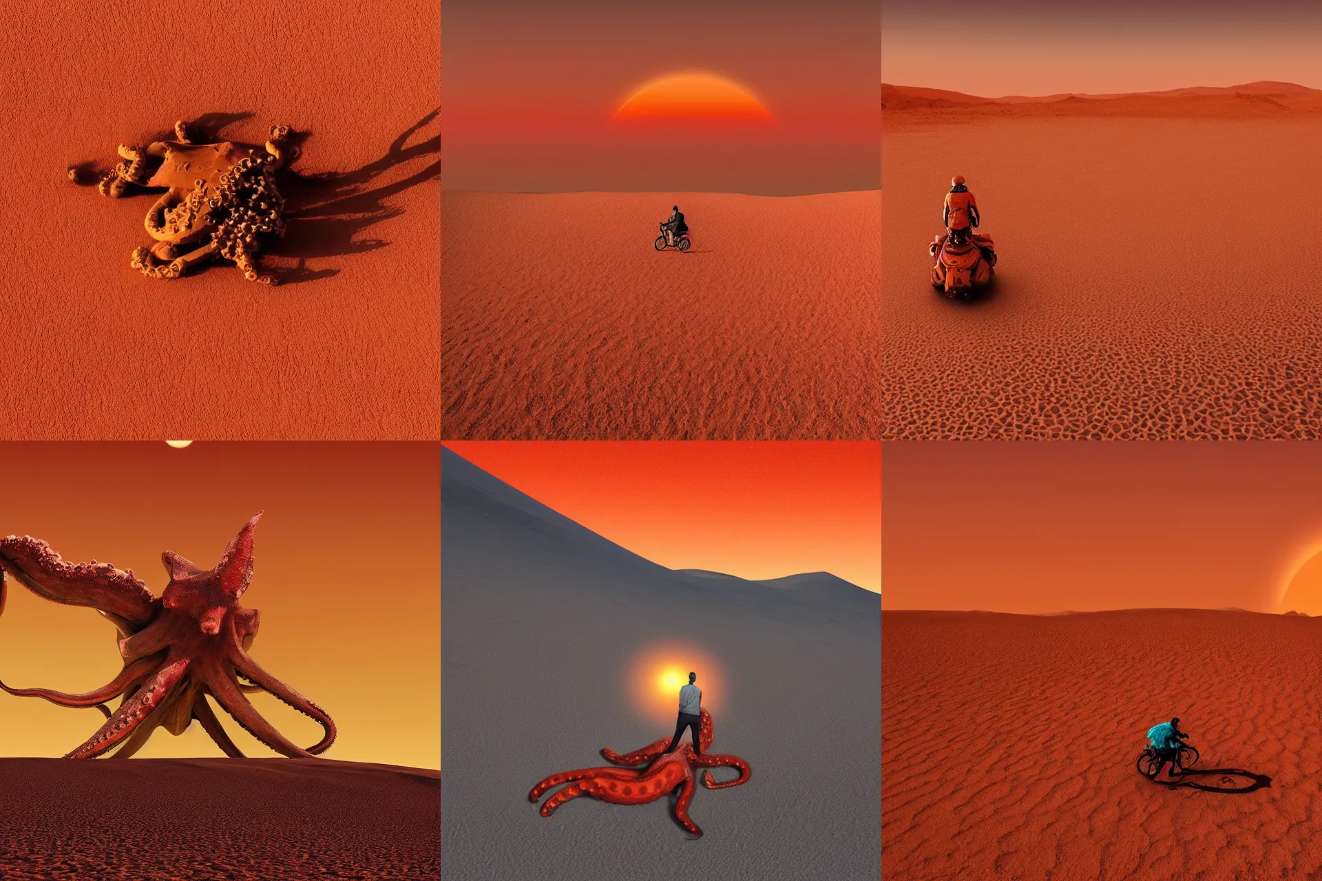 Prompt: A man riding a giant octopus on the desert dunes of the mars surface with an red orange sky in the background