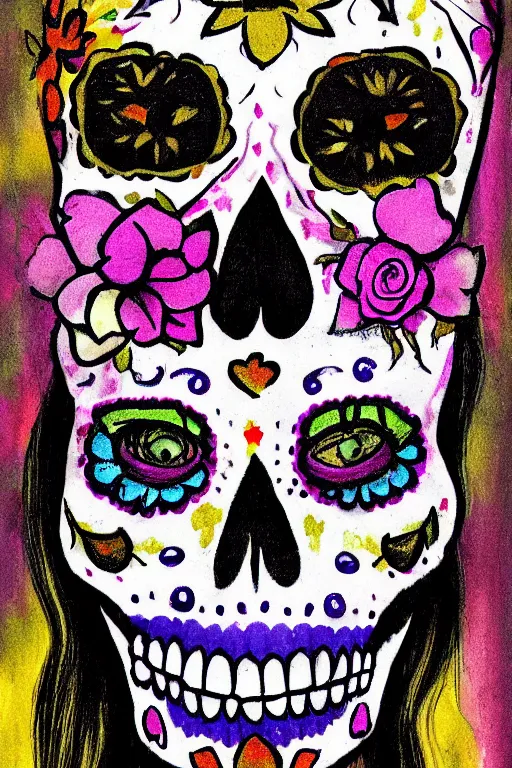 Prompt: Illustration of a sugar skull day of the dead girl, art by john hoyland