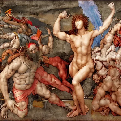 Prompt: war between gods and demons by Michelangelo di Lodovico Buonarroti Simoni featured in artstation, featured in behance