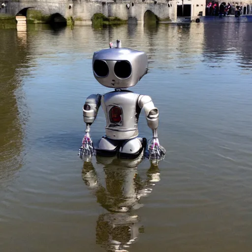 Prompt: a robot standing in the water mirror of bordeaux