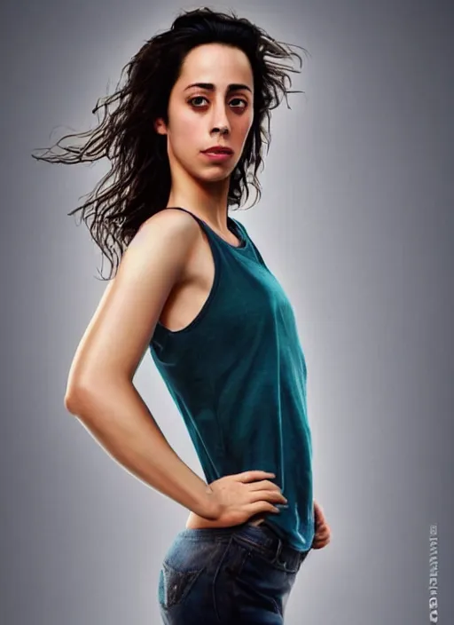 Prompt: full length photo of a very sweeting Oona Chaplin in a tanktop in the style of stefan kostic, full slim body, not realistic, sharp focus, 8k high definition, insanely detailed, intricate, elegant, art by stanley lau and artgerm