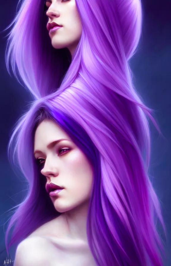 Image similar to Purple hair relistic Portrait of a woman with bright colored flying hair, all shades of purple. Hair coloring, long hair, blue eyes, fantasy, intricate, elegant, highly detailed, digital painting, artstation, concept art, smooth, sharp focus, illustration, art by artgerm and greg rutkowski and alphonse mucha