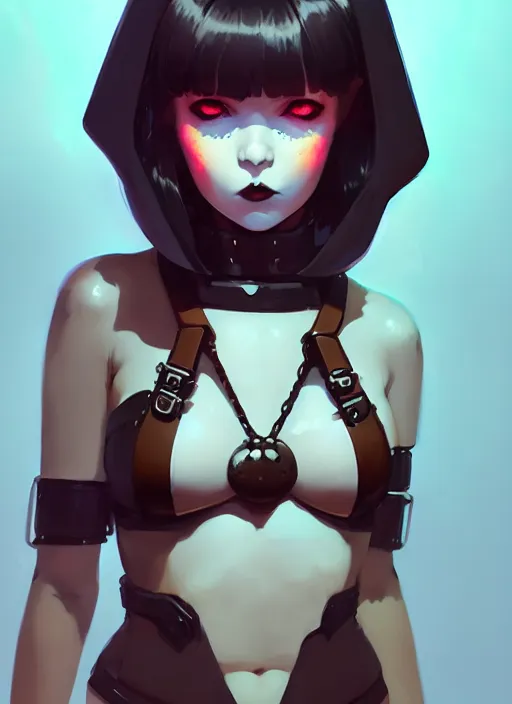 Image similar to portrait of cute goth maiden girl in cyber bikini armor, face by ilya kuvshinov, warhammer, cyberpunk, by atey ghailan, by greg rutkowski, by greg tocchini, by james gilleard, by joe fenton, by kaethe butcher, dynamic lighting, gradient light blue, brown, blonde cream and white color in scheme, grunge aesthetic