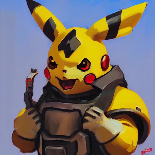 Image similar to greg manchess portrait painting of partially armored pikachu as overwatch character, medium shot, asymmetrical, profile picture, organic painting, sunny day, matte painting, bold shapes, hard edges, street art, trending on artstation, by huang guangjian and gil elvgren and sachin teng