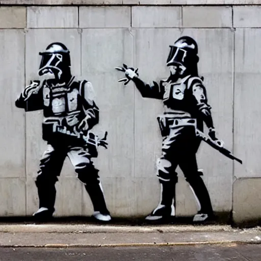 Prompt: photo of banksy graffiti depicting rabbits dressed as riot police