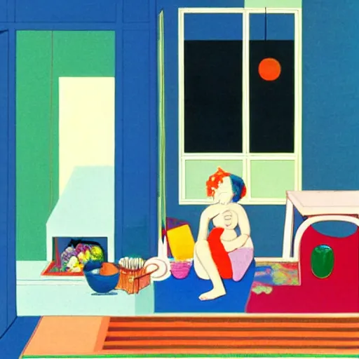 Image similar to A beautiful installation art harmony of colors, simple but powerful composition. A scene of peaceful domesticity, with a mother and child in the center, surrounded by a few simple objects. Colors are muted and calming, serenity and calm. stuckism, rendered in octane by Rumiko Takahashi, by Charles Robinson