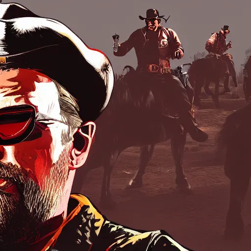 Image similar to Duke Nukem in Red Dead Redemption 2, Duke Nukem art style, explosive background