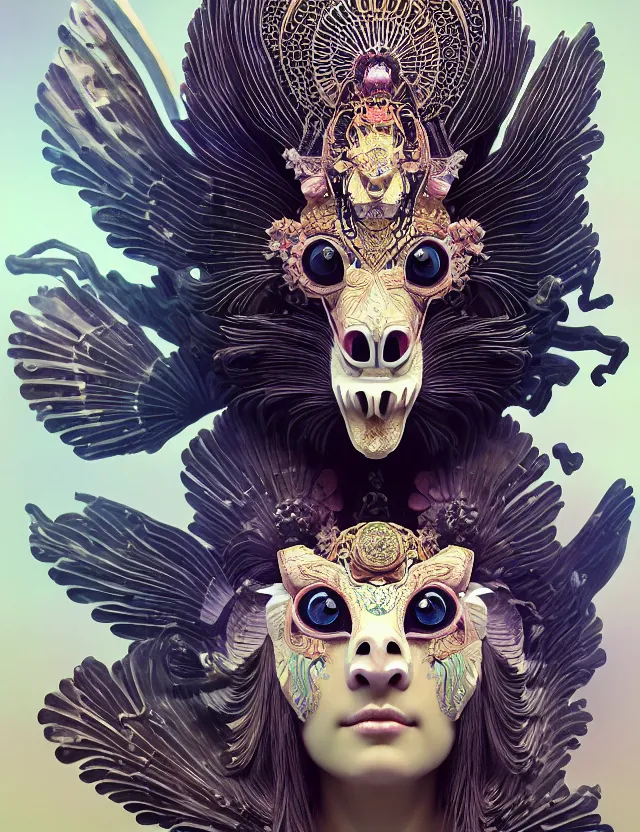 Image similar to 3 d goddess close - up 3 / 4 portrait with ram skull. beautiful intricately detailed japanese crow kitsune mask and clasical japanese kimono. betta fish, jellyfish phoenix, bio luminescent, plasma, ice, water, wind, creature, artwork by tooth wu and wlop and beeple and greg rutkowski