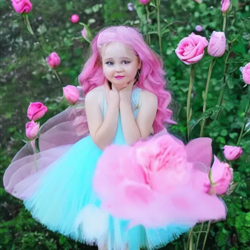Image similar to pink pastel fairy girl + pink rose + fairy girl + rose and flower petal skirt