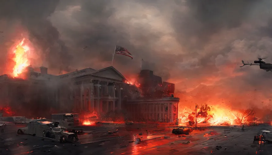 Image similar to world war 3 in washington dc, white house on fire, firing everywhere, hyperdetailed, artstation, cgsociety, 8 k