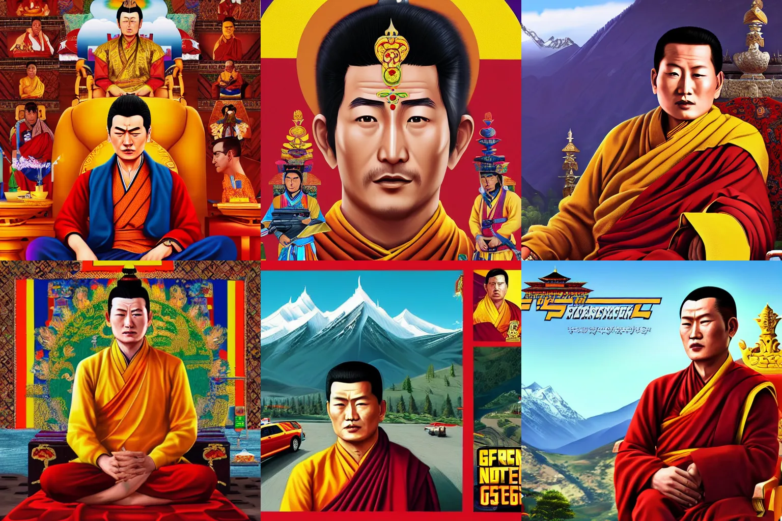 Prompt: jigme khesar namgyel wangchuck, king of bhutan in Grand Theft Auto 5 cover art, epic, 4k resolution, extremely detailed, very sharp, artstation, digital art, vibrant,