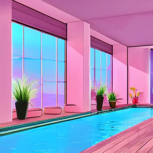 Image similar to a sunlit indoor lounge area with a pool with clear water and another pool with translucent pastel pink water, next to a big window, digital art