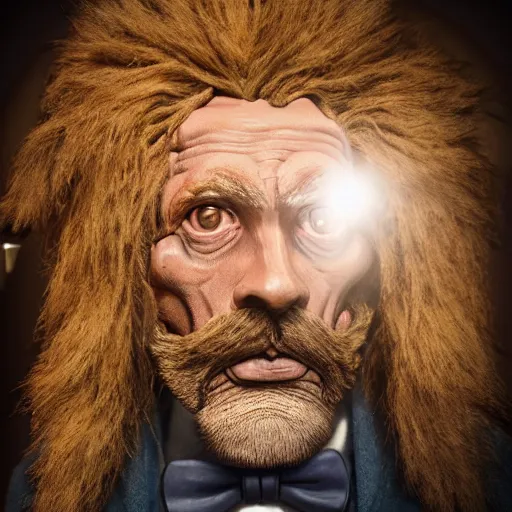 Image similar to poor lion man as a rough dirty old man with a scruffy beard in a dark blue trenchcoat as the new doctor who, cinematic, volumetric lighting, f 8 aperture, cinematic eastman 5 3 8 4 film, photorealistic