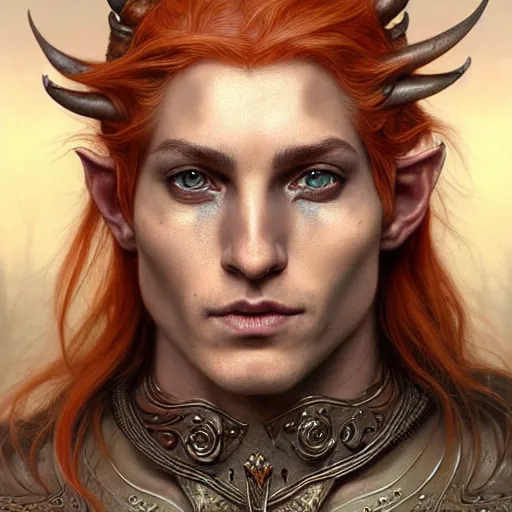 Prompt: portrait painting of a young elven man with a soft face and short light orange hair and tribal tattoos on his face wearing fur armor, ultra realistic, concept art, intricate details, eerie, highly detailed, photorealistic, octane render, 8 k, unreal engine. art by artgerm and greg rutkowski and charlie bowater and magali villeneuve and alphonse mucha