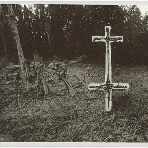 Image similar to occult sacrifice site, many crosses and effigies, taken with Polaroid camera with dark and dark ominous lighting
