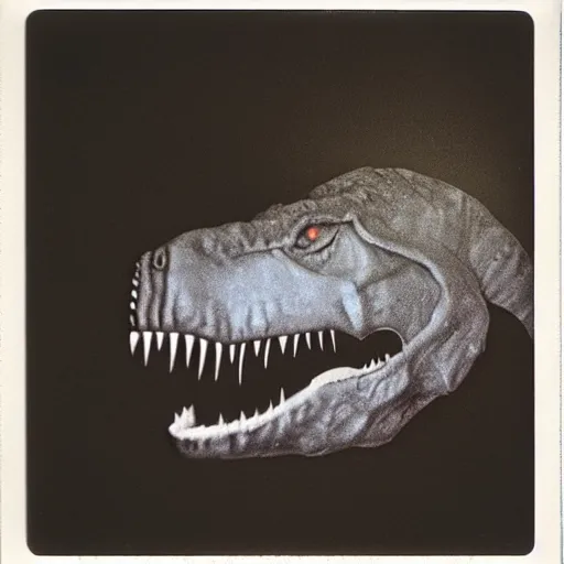 Image similar to last selfie of t - rex before comet hits the ground, polaroid, scratch and dust