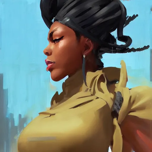 Image similar to greg manchess portrait painting of african yorha type a no. 2 as african tracy from overwatch, back shot, asymmetrical, profile picture, organic painting, sunny day, matte painting, bold shapes, hard edges, street art, trending on artstation, by huang guangjian and gil elvgren and sachin teng