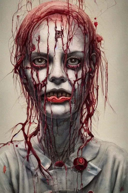 Image similar to watercolor cartoon grunge portrait of a creepy horror nurse girl . intricate abstract. intricate artwork. nightmare fuel. terrifying. by zdzisław Beksiński, wlop, dan mumford , trending on artstation, greg rutkowski very coherent symmetrical artwork. cinematic, hyper realism, high detail, octane render, 8k