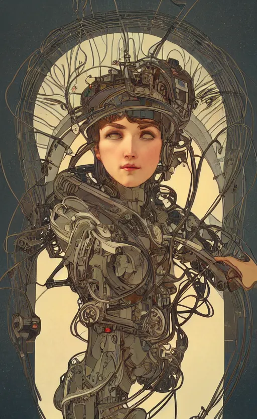 Image similar to upper half portrait of army mecha robot - wires and vines as poster design borders, art by alphonse mucha, highly detailed, digital painting, concept art, illustration, smooth sharp focus, intricate, symmetry, artstation, colourful,